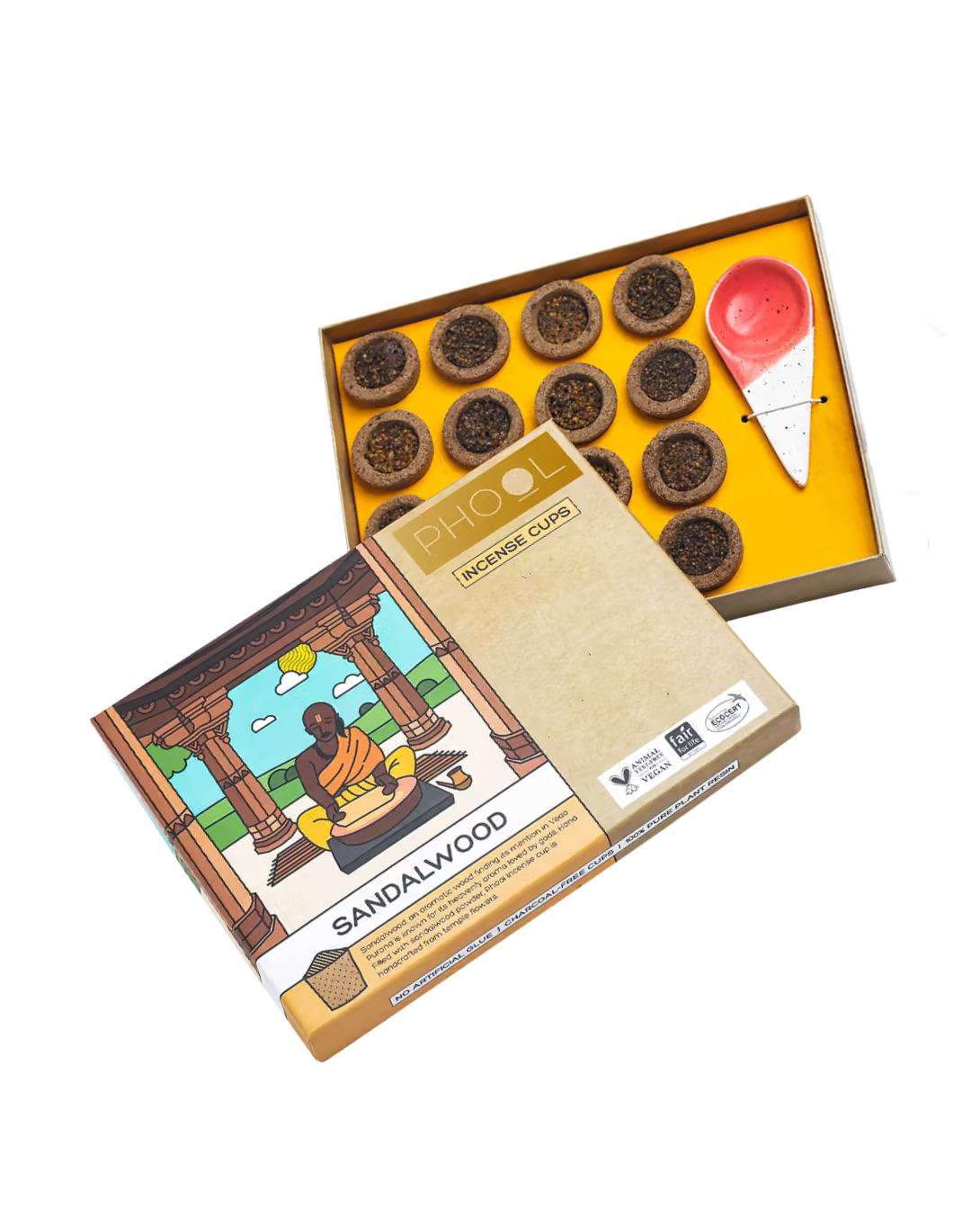 A boxed set of PHOOL CUPS sandalwood cups, featuring a kraft paper box with an illustrated label, a tray of ten sandalwood cups, and a pink and white scoop on a white background.
